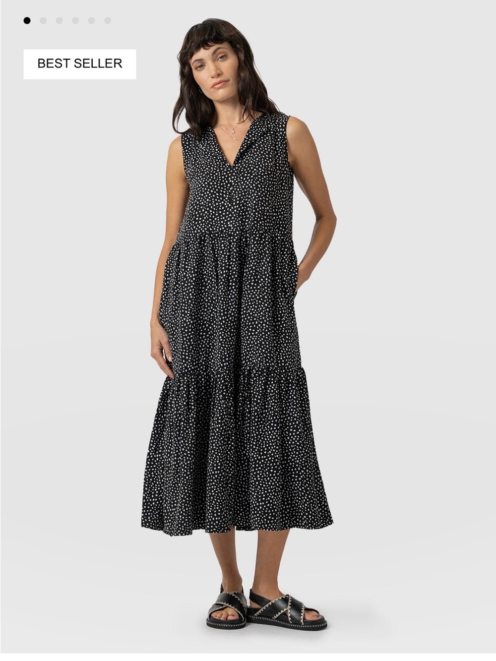 Sleeveless Black Polka-Dot Tiered V-Neck Midi Dress